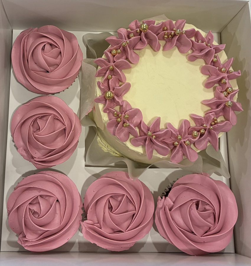 Pink rose bento cake box with matching cupcakes, a bridal shower gift