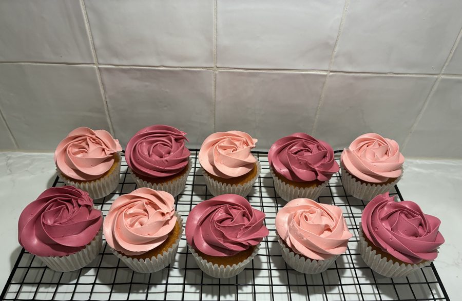 Blush and raspberry rose-piped wedding cupcakes